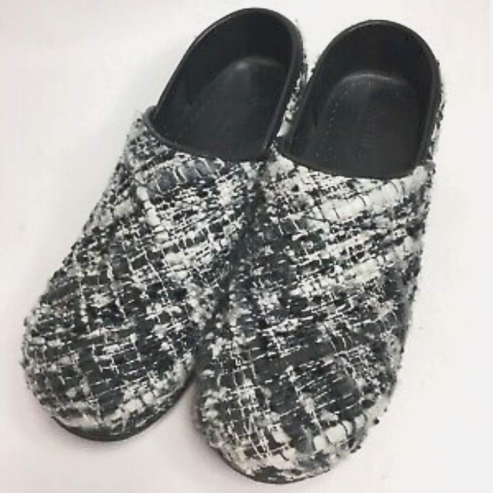 Women’s Sanita Black And White Woven Tweed Clogs Size 37